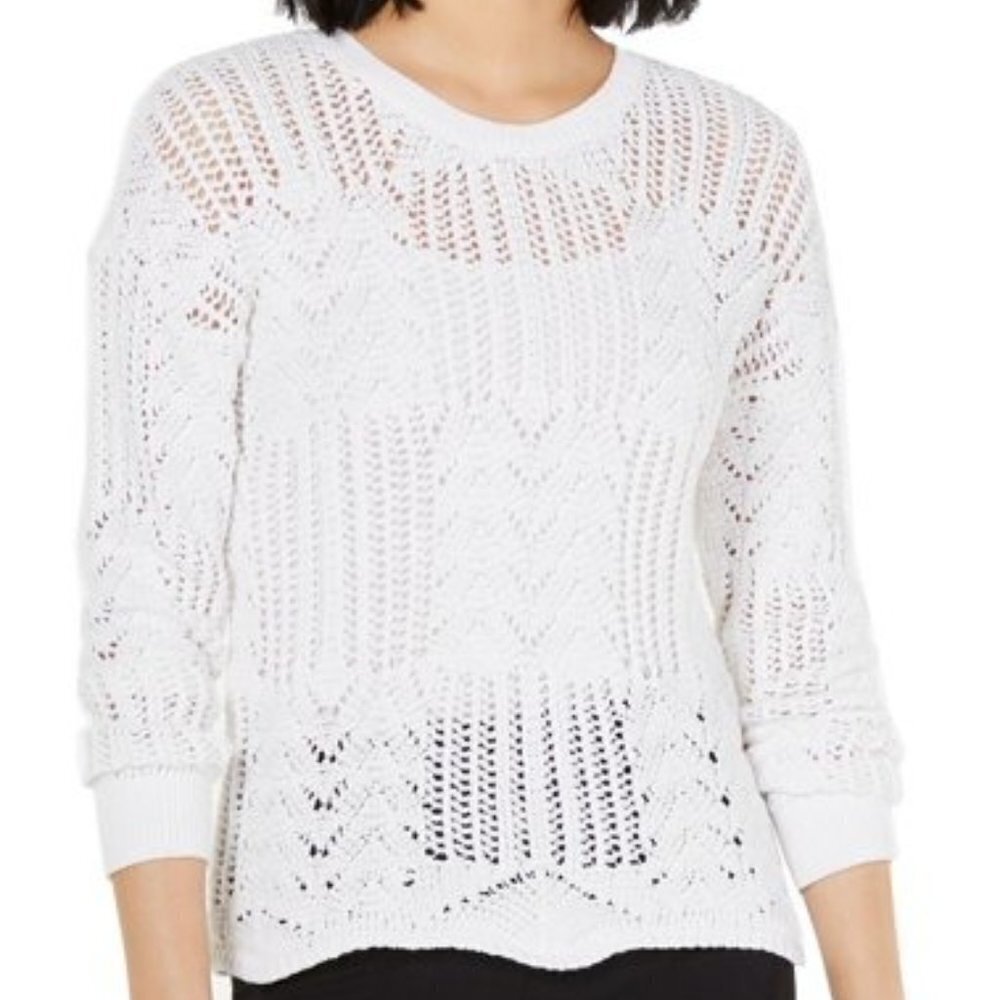 Bar lll Cotton Long Sleeve Crochet Sweater | white | Size L